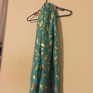 Teal infinity scarf with gold feathers